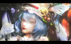 Rule 34 | 1girl, bat wings, blue hair, closed eyes, dust, english text, eyebrows, eyelashes, feathers, flower, food, fruit, gold, hat, hat ornament, letterboxed, light particles, lips, lipstick, makeup, michihana, mob cap, nose, portrait, red lips, remilia scarlet, rose, short hair, sleeping, solo, star (symbol), sunlight, touhou, white flower, white rose, window, wings