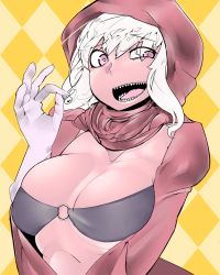 Rule 34 | 10s, 1girl, abyssal ship, breast press, breasts, checkered background, cleavage, cosplay, gloves, hand up, highres, holding, hood, hoodie, jojo no kimyou na bouken, kantai collection, looking to the side, mariah (cosplay), mariah (jojo), o-ring, o-ring top, open clothes, open mouth, open shirt, re-class battleship, red eyes, screw, sharp teeth, shirt, solo, sukueni, teeth, upper body, white gloves, white hair