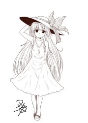 Rule 34 | 1girl, alternate costume, bare shoulders, dog tags, dress, greyscale, hair between eyes, hand on headwear, hat, hat ribbon, hibiki (kancolle), kantai collection, long hair, looking at viewer, monochrome, ribbon, sandals, signature, simple background, sleeveless, solo, sundress, translation request, very long hair, white background, yua (checkmate)