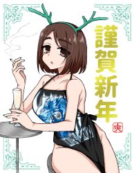 Rule 34 | 1girl, 2024, :o, alcohol, antlers, apron, bare arms, bare shoulders, black apron, breasts, brown eyes, brown hair, champagne, chinese zodiac, cigarette, collarbone, cup, dragon, drinking glass, eastern dragon, fake antlers, green nails, hairband, highres, holding, holding cigarette, holding cup, horns, ieiri shoko, jujutsu kaisen, large breasts, looking at viewer, mole, mole under eye, nail polish, naked apron, open mouth, short hair, sitting, smoke, smoking, solo, sou (mgn), table, thick eyebrows, thighs, white background, year of the dragon