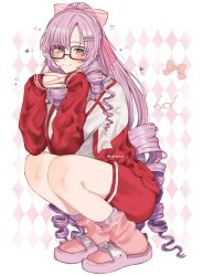 Rule 34 | 1girl, argyle, argyle background, argyle clothes, black-framed eyewear, blush, bow, closed mouth, clothes writing, drill hair, drill sidelocks, flip-flops, glasses, hair bow, hair ornament, hairclip, heart, highres, hyakumantenbara salome, hyakumantenbara salome (casual), jacket, knees, light purple hair, long hair, looking at viewer, nijisanji, official alternate costume, parted bangs, pink bow, pink socks, ponytail, purple eyes, red jacket, red shorts, red track suit, sandals, see-through bow, shirt, shorts, sidelocks, simple background, sitting, smile, socks, solo, tei fujou, track jacket, twitter username, very long hair, virtual youtuber, white background, white shirt