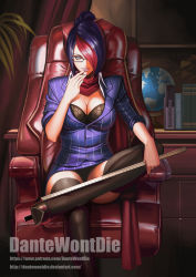 Rule 34 | 1girl, alternate costume, artist name, black-framed eyewear, black bra, black thighhighs, blouse, blue eyes, book, bra, breasts, chair, cleavage, crossed legs, curtains, dantewontdie, finger to mouth, fiora (league of legends), folded ponytail, formal, glasses, globe, grin, hair over one eye, headmistress fiora, large breasts, league of legends, looking at viewer, measuring stick, miniskirt, multicolored hair, pencil, pencil skirt, plant, purple hair, red hair, red leather, scarf, shirt, sitting, skirt, skirt suit, sleeves rolled up, smile, solo, striped clothes, striped shirt, striped skirt, suit, thighhighs, underwear, upskirt