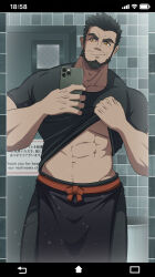 Rule 34 | 1boy, abs, apron, bar censor, bara, beard, black apron, black hair, censored, clothes lift, dark-skinned male, dark skin, facial hair, feet out of frame, highres, holding, holding phone, large pectorals, lifting own clothes, male focus, mature male, muscular, muscular male, navel, navel hair, original, oro9, paid reward available, pectorals, phone, fake phone screenshot, seductive smile, selfie, shirt lift, short hair, smile, solo, standing, stomach, stubble, thick eyebrows, underpec, waist apron
