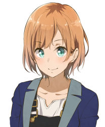 Rule 34 | 10s, 1girl, bad id, bad pixiv id, blonde hair, blush, collarbone, green eyes, haine, highres, jacket, looking at viewer, miyamori aoi, multicolored hair, roots (hair), shirobako, short hair, simple background, smile, solo, suspenders, swept bangs, white background