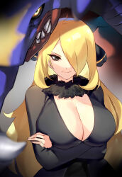 Rule 34 | 1girl, absurdres, black dress, black eyes, blonde hair, breast hold, breasts, cleavage, closed mouth, commentary request, creatures (company), crossed arms, cynthia (pokemon), dress, fur-trimmed collar, fur trim, game freak, garchomp, gen 4 pokemon, hair ornament, hair over one eye, highres, large breasts, long hair, long sleeves, looking at viewer, mature female, negresco, nintendo, pokemon, pokemon (creature), pokemon dppt, seductive smile, smile