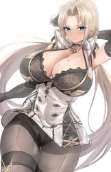 Rule 34 | 1girl, absurdres, alternate breast size, anchor choker, arm behind head, azur lane, black bra, black gloves, black panties, black pantyhose, blonde hair, blue eyes, bra, breasts, closed mouth, collarbone, cowboy shot, dot nose, dress, elbow gloves, gloves, highres, hotate-chan, huge breasts, kronshtadt (azur lane), long hair, looking at viewer, low twintails, mole, mole on breast, panties, pantyhose, simple background, sleeveless, sleeveless dress, solo, thick thighs, thigh gap, thighs, twintails, underwear, very long hair, white dress