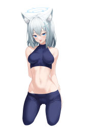 Rule 34 | 1girl, absurdres, animal ear fluff, animal ears, arms behind back, blue archive, blue eyes, blue pants, blue sports bra, breasts, breasts apart, collarbone, cropped legs, cross hair ornament, fox ears, groin, hair between eyes, hair ornament, halo, highres, ju-ok, long hair, looking at viewer, medium breasts, midriff, navel, pants, shiroko (blue archive), silver hair, simple background, solo, sports bra, sportswear, standing, stomach, straight hair, tongue, tongue out, white background