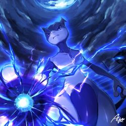 Rule 34 | ayo (ayosanri009), blue eyes, blue theme, closed mouth, collarbone, commentary request, creatures (company), energy, energy ball, from below, frown, game freak, gen 1 pokemon, legendary pokemon, looking down, mewtwo, nintendo, pokemon, pokemon (creature), signature, solo