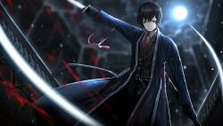 Rule 34 | 1boy, bags under eyes, black coat, black eyes, black gloves, black hair, black pants, black vest, blood, closed mouth, coat, collared shirt, game cg, gloves, highres, holding, holding sheath, holding sword, holding weapon, limbus company, male focus, moon, moonlight, nai ga, necktie, night, official art, outdoors, pants, project moon, red necktie, scar, scar on face, sheath, shirt, short hair, slashing, solo, standing, sword, vest, weapon, white shirt, wing collar, yi sang (project moon)