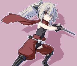 Rule 34 | 1girl, alternate costume, boots, borrowed character, closed mouth, dot mouth, elena trafalgar, flat chest, grey hair, holding, holding knife, holding weapon, ike (altitude attitude), knife, ninja, original, pink background, ponytail, red eyes, scarf, shadow, sheath, solo, unsheathed, weapon