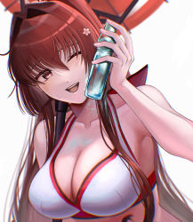 Rule 34 | 1girl, absurdres, ayuko91, bikini, blush, bottle, brown hair, commentary request, flower, hair flower, hair ornament, highres, holding, kantai collection, long hair, one eye closed, open mouth, ponytail, purple eyes, ramune, simple background, smile, solo, sweatdrop, swimsuit, umbrella, upper body, very long hair, white background, white bikini, yamato (kancolle)