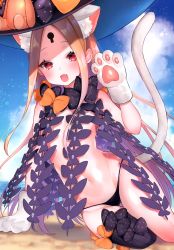 Rule 34 | 1girl, :d, abigail williams (fate), abigail williams (second ascension) (fate), absurdres, animal ear fluff, animal ears, animal hands, beach, black bow, black hat, black panties, blonde hair, blue sky, blush, bow, cat ears, cat girl, cat tail, cloud, cloudy sky, day, fang, fate/grand order, fate (series), gloves, groin, hand up, hat, hat bow, highres, horizon, kemonomimi mode, keyhole, long hair, looking at viewer, navel, ocean, open mouth, orange bow, outdoors, panties, parted bangs, paw gloves, red eyes, revealing clothes, sand, sky, smile, solo, stuffed animal, stuffed toy, suzuho hotaru, tail, teddy bear, topless, underwear, very long hair, water, white gloves, witch hat