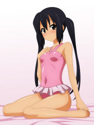 Rule 34 | 1girl, barefoot, black hair, brown eyes, casual one-piece swimsuit, highres, image sample, k-on!, nakano azusa, one-piece swimsuit, sitting, solo, sugimura tomokazu, swimsuit, twintails, wariza