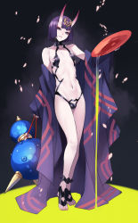 Rule 34 | 1boy, ban! (bansankan), bare shoulders, barefoot, barefoot sandals (jewelry), bob cut, bulge, collarbone, cup, dated, eyeliner, fate (series), full body, genderswap, genderswap (ftm), headpiece, highres, horns, japanese clothes, kimono, legs, long sleeves, looking at viewer, makeup, male focus, off shoulder, oni, open clothes, open kimono, parted lips, pouring, purple eyes, purple hair, purple kimono, revealing clothes, sakazuki, short eyebrows, short hair, shuten douji (fate), skin-covered horns, smile, solo, toes, trap, wide sleeves
