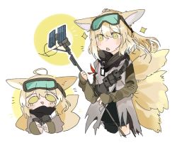 Rule 34 | 1girl, animal ear fluff, animal ears, arknights, black scarf, blonde hair, blush, blush stickers, chibi, cowboy shot, fingerless gloves, fox ears, fox girl, fox tail, gloves, goggles, goggles on head, holding, long hair, multiple tails, multiple views, odmised, official alternate costume, scarf, simple background, solo, star (symbol), suzuran (arknights), suzuran (lostlands flowering) (arknights), tail, white background, yellow eyes