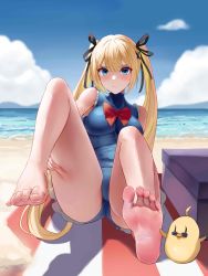 Rule 34 | 1girl, absurdres, barefoot, beach, blonde hair, blue eyes, blush, dead or alive, feet, highres, long hair, looking at viewer, marie rose, one-piece swimsuit, soles, swimsuit, taichi suzuki, toes, twintails