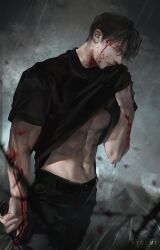 Rule 34 | 1boy, absurdres, black shirt, blood, blood on face, closed mouth, clothes lift, highres, ilay riegrow, male focus, muscular, muscular male, passion (manhwa), rain, ryeomiii, shirt, shirt lift, solo