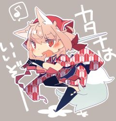 Rule 34 | 1girl, animal ears, black thighhighs, blonde hair, blush, blush stickers, chibi, fox ears, fox tail, from side, full body, gloves, grey background, holding, holding sword, holding weapon, japanese clothes, kimono, leg up, looking at viewer, musical note, orange eyes, original, outline, over shoulder, pekeko (pepekekeko), phantasy star, phantasy star online 2, quaver, shima (pepekekeko), short kimono, short sleeves, simple background, solo, spoken musical note, sword, sword over shoulder, tail, thighhighs, translation request, unmoving pattern, weapon, weapon over shoulder, wide sleeves, yagasuri, zettai ryouiki
