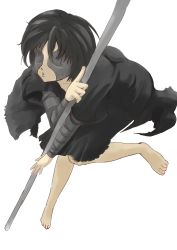 Rule 34 | 1girl, barefoot, black hair, cape, demon&#039;s souls, dress, feet, female focus, from software, full body, lilly (turunikasiwa), maiden in black, short hair, simple background, solo, staff, white background