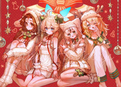 4girls :d :o absurdres ahoge animal_ear_headwear aqua_eyes arm_cuffs barefoot bell black_hair blonde_hair blue_eyes bow box brown_eyes brown_hair cardigan christmas closed_mouth dot_nose dress fake_animal_ears fang gift gift_box glasses green_bow green_eyes hair_bow happy_holidays heart highres multicolored_hair multiple_girls neck_bell open_cardigan open_clothes open_mouth original pajamas pointy_ears pom_pom_(clothes) qc6 red_ribbon ribbon round_eyewear sitting slit_pupils smile socks streaked_hair striped_bow sweater tongue twintails two-tone_hair white_bow white_dress white_hair white_pajamas white_socks white_sweater