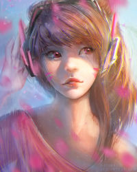 Rule 34 | 1girl, blue background, blue sky, blurry, brown eyes, brown hair, casual, cherry blossoms, chromatic aberration, d.va (overwatch), depth of field, facepaint, facial mark, facing viewer, gradient background, hand on headphones, headphones, lips, long hair, looking away, outdoors, overwatch, overwatch 1, parted lips, petals, pink lips, pink shirt, portrait, seiorai, shirt, sideways glance, sky, solo, swept bangs, v-neck, watermark, web address, whisker markings