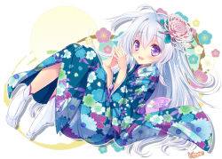 Rule 34 | 1girl, floral print, flower, hair flower, hair ornament, hand fan, japanese clothes, kimono, long hair, looking at viewer, nonno, official art, open mouth, own hands together, purple eyes, signature, socks, solo, tokinon, white hair, white socks, x-overd