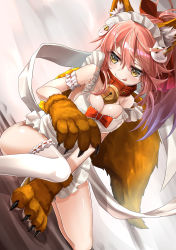 Rule 34 | 1girl, animal ears, animal hands, apron, bell, breasts, cleavage, collar, fate/grand order, fate (series), fox ears, fox tail, hair ribbon, highres, large breasts, long hair, looking away, naked apron, neck bell, pink hair, ribbon, solo, tail, tamamo (fate), tamamo cat (fate), tamamo cat (third ascension) (fate), tamamo no mae (fate/extra), tongue, tongue out, yashiro, yellow eyes