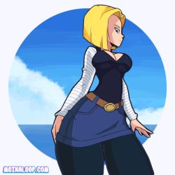 Rule 34 | 1girl, android 18, animated, animated gif, ass, ass shake, bent over, blonde hair, blue eyes, denim, dragon ball, dragonball z, huge ass, jeans, jiggle, looking at viewer, moikaloop, pants, short hair, solo, spanked, spanking, spanking self