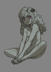 Rule 34 | + +, 1girl, :&lt;, banajune, barefoot, breasts, closed mouth, dark, eyelashes, feet, feet together, female focus, full body, grey background, hands on feet, holding foot, long hair, looking away, looking to the side, monochrome, navel, nude, original, pointy ears, purple eyes, shade, simple background, sitting, sketch, small breasts, solo, spot color, underboob, v arms