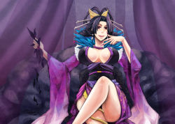 1girl black_hair bonanza_(artist) breasts cleavage dress earrings female_focus hair_ornament huge_breasts jewelry crossed_legs long_hair mole nouhime purple_eyes sengoku_musou sitting solo