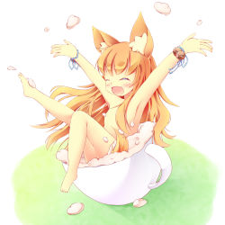 Rule 34 | 1girl, :d, ^ ^, animal ear fluff, animal ears, armpits, arms up, bell, blush, closed eyes, convenient censoring, cream, cup, fang, flat chest, food, fox ears, fox girl, hair censor, hair over breasts, happy, highres, jingle bell, kt cano, messy, nude, o/, open mouth, original, outstretched arms, sexually suggestive, sitting, smile, solo, suggestive fluid, sweets, tagme, teacup