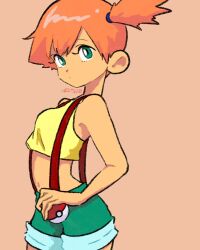 Rule 34 | 1girl, asymmetrical hair, blush, breasts, bright pupils, closed mouth, creatures (company), crop top, denim, denim shorts, female focus, game freak, gen 1 pokemon, green eyes, green shorts, gym leader, hair tie, highres, holding, holding poke ball, legs, looking at viewer, midriff, misty (pokemon), navel, nintendo, orange hair, poke ball, poke ball (basic), pokemon, pokemon (anime), pokemon (classic anime), pokemon rgby, ponytail, shirt, short hair, short shorts, shorts, side ponytail, sleeveless, sleeveless shirt, solo, suspender shorts, suspenders, tank top, thighs, yellow shirt, yellow tank top