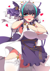 Rule 34 | 1girl, :3, animal ears, apron, aqua eyes, aqua hair, azur lane, blush, breasts, cat ears, cheshire (azur lane), cleavage, detached sleeves, fake animal ears, fangs, frilled hairband, frills, garter straps, hairband, hands on own face, heart, highres, huge breasts, looking at viewer, maid, maid headdress, medium hair, multicolored hair, open mouth, panties, puffy detached sleeves, puffy sleeves, purple apron, purple hair, sayossa (pak-front), sidelocks, solo, streaked hair, thighhighs, underwear, waist apron, white background, white panties, white thighhighs, wrist cuffs