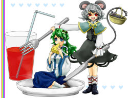 Rule 34 | 2girls, animal ears, bad food, basket, blue eyes, capelet, cheese, detached sleeves, drink, drinking straw, eating, female focus, food, fork, frog, green hair, grey hair, holding, holding fork, knife, kochiya sanae, long hair, mini person, minigirl, mouse (animal), mouse ears, mouse tail, multiple girls, nazrin, on plate, oversized object, plate, red eyes, short hair, snake, tail, takeko, touhou