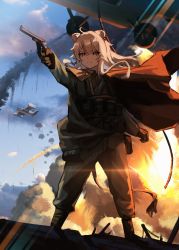 Rule 34 | 1girl, absurdres, aircraft, animal ears, battlefield (series), battlefield 1, blue sky, brown gloves, cape, closed mouth, commentary, ear piercing, explosion, frown, gloves, green jacket, green pants, grey eyes, gun, handgun, highres, holding, holding gun, holding weapon, hololive, jacket, jl tan, lion ears, lion tail, long hair, military, military uniform, pants, piercing, red cape, revolver, shishiro botan, sky, smoke, solo, standing, tail, uniform, virtual youtuber, weapon, white hair