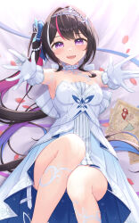Rule 34 | 1girl, absurdres, akai haato, akai haato (gothic lolita), azki (5th costume) (hololive), azki (hololive), blush, breasts, cleavage, crown, dress, gloves, highres, hololive, long hair, looking at viewer, lying, medium breasts, multicolored hair, official alternate costume, on back, open mouth, outstretched hand, pink hair, purple eyes, side ponytail, smile, solo, streaked hair, teeth, typho, upper teeth only, virtual youtuber, white dress, white gloves
