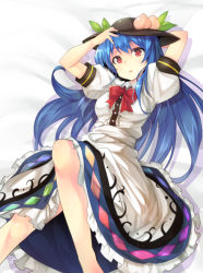 Rule 34 | 1girl, :o, adjusting clothes, adjusting headwear, arm behind head, barefoot, black hat, blouse, blue hair, bow, bowtie, commentary request, dress, food, fruit, hat, hinanawi tenshi, long hair, looking at viewer, lying, on back, on bed, peach, puffy short sleeves, puffy sleeves, rainbow gradient, rainbow order, red bow, red eyes, shirt, short sleeves, solo, touhou, tousen, white dress, white shirt