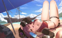 Rule 34 | 1girl, absurdres, beach, beach umbrella, bikini, bintz, black jacket, breasts, cleavage, crab, dock, earrings, food, heart, heart earrings, heart necklace, heterochromia, highres, holding, holding food, hololive, houshou marine, houshou marine (summer), huge filesize, jacket, jewelry, knees up, looking at viewer, lying, mast, medium breasts, necklace, o-ring, o-ring thigh strap, ocean, official alternate costume, on back, open mouth, pirate ship, ponytail, popsicle, red eyes, red hair, ship, sideways hat, solo, starfish, swimsuit, thigh strap, umbrella, virtual youtuber, water, watercraft, yellow eyes