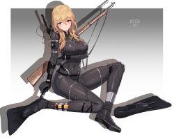 Rule 34 | 1girl, ankle strap, arm under breasts, black one-piece swimsuit, blonde hair, blush, bodysuit, breasts, closed mouth, combat knife, diving suit, flippers, full body, gun, highres, holding, holding knife, knife, large breasts, leg strap, long hair, looking at viewer, mole, mole under eye, one-piece swimsuit, original, purple eyes, rifle, sidelocks, signature, simple background, sitting, solo, swimsuit, weapon, wetsuit, you ni ge shaobing
