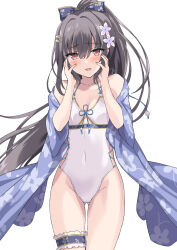 Rule 34 | 1girl, :d, black hair, blue bow, blush, bow, breasts, cleavage, collarbone, covered navel, floating hair, floral print, flower, full body, gluteal fold, groin, hair between eyes, hair bow, hair flower, hair ornament, hands on own face, hands up, high ponytail, highres, looking at viewer, off shoulder, one-piece swimsuit, open clothes, open mouth, pink flower, ponytail, rasahan, red eyes, sennen sensou aigis, short sleeves, simple background, small breasts, smile, solo, swimsuit, swimsuit under clothes, thigh gap, tsukiko (sennen sensou aigis), white background, white one-piece swimsuit, wide sleeves