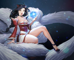 Rule 34 | 1girl, ahri (league of legends), animal ears, arm support, bare shoulders, black hair, braid, breasts, cleavage, collarbone, detached sleeves, edooit, fox ears, fox tail, full body, high heels, highres, hitodama, korean clothes, large breasts, league of legends, lips, long hair, looking at viewer, magic, multiple tails, nail polish, open mouth, sitting, solo, tail, yellow eyes