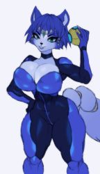Rule 34 | animal ears, blue eyes, blue hair, bodysuit, breasts, choker, cleavage, colored skin, fox ears, fox girl, furry, furry female, hair ornament, hand on own hip, highres, jay-marvel, krystal, large breasts, nintendo, shiny skin, skin tight, skindentation, star fox, star fox assault, tail, thick thighs, thighs, tiara, wide hips