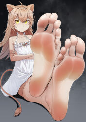 Rule 34 | 1girl, absurdres, animal ears, barefoot, blonde hair, crossed arms, dress, feet, highres, lion ears, lion tail, long hair, looking at viewer, rurudo lion, soles, steam, sundress, tail, toes, tsa, virtual youtuber, yellow eyes