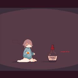 Rule 34 | 1girl, animated, animated gif, bare legs, barefoot, blue shirt, bottle, brown hair, cup, drunk, english text, glitch, holding, holding cup, holding weapon, long sleeves, looping animation, lowres, nodding, original, pixel art, seiza, shirt, short hair, sidelocks, sitting, solo, sotie, weapon