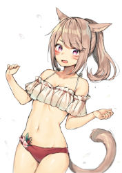 Rule 34 | 1girl, animal ears, bandeau, bare shoulders, bikini, brown hair, cat ears, cat girl, cat tail, collarbone, commentary request, dutch angle, facial mark, final fantasy, final fantasy xiv, halterneck, hands up, long hair, looking at viewer, midorikawa you, miqo&#039;te, navel, off shoulder, open mouth, ponytail, purple eyes, red bikini, sidelocks, simple background, solo, stomach, swimsuit, tail, tail raised, water drop, white background, white bikini