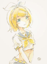 Rule 34 | 1girl, belt, black collar, black shorts, blonde hair, blue eyes, bow, collar, commentary, crop top, epoxy putty, hair bow, hair ornament, hairclip, kagamine rin, looking at viewer, midriff, navel, neckerchief, painting (medium), parted lips, sailor collar, school uniform, shirt, short hair, short sleeves, shorts, smile, solo, swept bangs, traditional media, upper body, vocaloid, watercolor (medium), white background, white bow, white shirt, yellow neckerchief