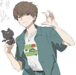 Rule 34 | 1boy, brown eyes, brown hair, cat, claw pose, closed mouth, commentary request, hands up, holding, holding toy, jewelry, jiz (pffbq), kiyo (youtuber), looking at viewer, male focus, necklace, real life, shirt, short hair, simple background, smile, solo, toy, upper body, white background, white shirt