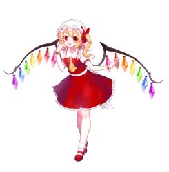 Rule 34 | 1girl, arm garter, ascot, blonde hair, bow, fang, flandre scarlet, frilled hat, frilled shirt collar, frilled skirt, frills, full body, hair bow, hat, hat bow, hat ribbon, highres, mary janes, md5 mismatch, milcona, mob cap, open mouth, puffy short sleeves, puffy sleeves, red bow, red eyes, red footwear, red ribbon, red skirt, red vest, resolution mismatch, ribbon, shoes, short sleeves, side ponytail, simple background, skirt, smile, socks, solo, source smaller, touhou, vest, white background, white hat, white socks, wings
