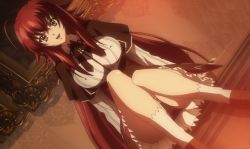 Rule 34 | 10s, 1girl, black panties, blue eyes, breasts, cameltoe, covered erect nipples, female focus, high school dxd, highres, large breasts, long hair, panties, red hair, rias gremory, school uniform, screencap, sitting, skirt, smile, solo, stitched, third-party edit, underwear, upskirt
