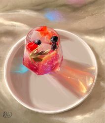 Rule 34 | artist name, blueberry, cup, diffraction spikes, drink, drinking glass, food, from above, fruit, highres, ice, ice cube, kay (kf1n3), leaf, no humans, original, plate, raspberry, signature, still life